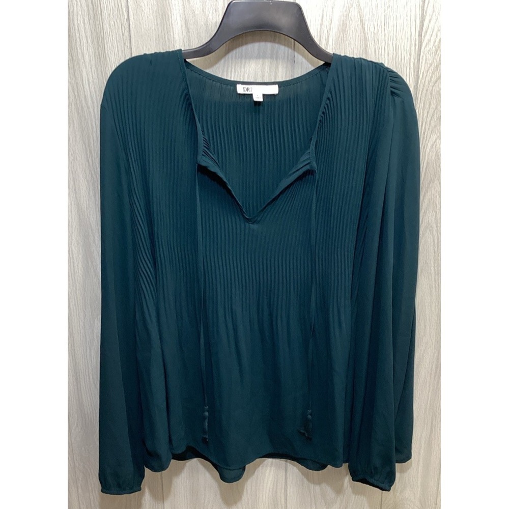 DR2 Women's (Size L) Long Sleeve Tie Neck Textured Shirt Polyester Emerald Green